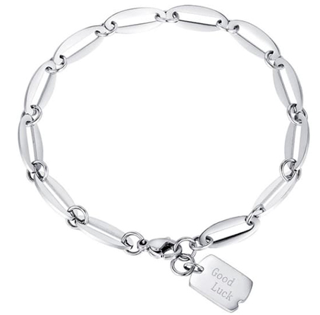Pulsera Good Luck en acero con cadena eslabones alargados, con pequeña circonita transparente.