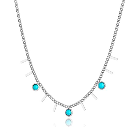 Collar gargantilla en acero plateado con pequeños adornos redondos con turquesitas.