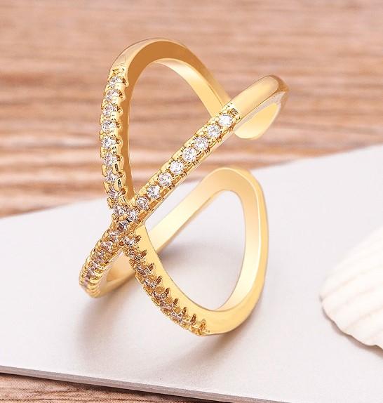 Anillo ajustable acero dorado doble cruzado circonitas