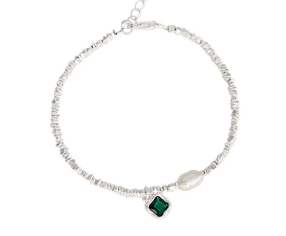 Pulsera plateada acero circonita verde