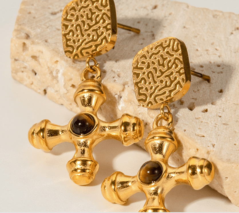 Pendientes acero dorado en forma de cruz