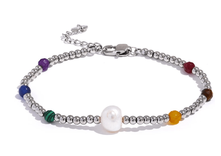 Pulsera bolas en acero plateado con perla Pulsera bolas en acero plateado con perla