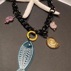collar eslabones grandes en color negro con pez metacrilato y concha dorado