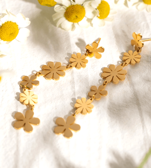 pendientes acero dorado largos con flores