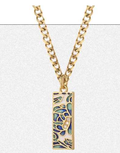 colgante acero dorado con cadena eslabón plano y adorno azul metalizado con circonitas