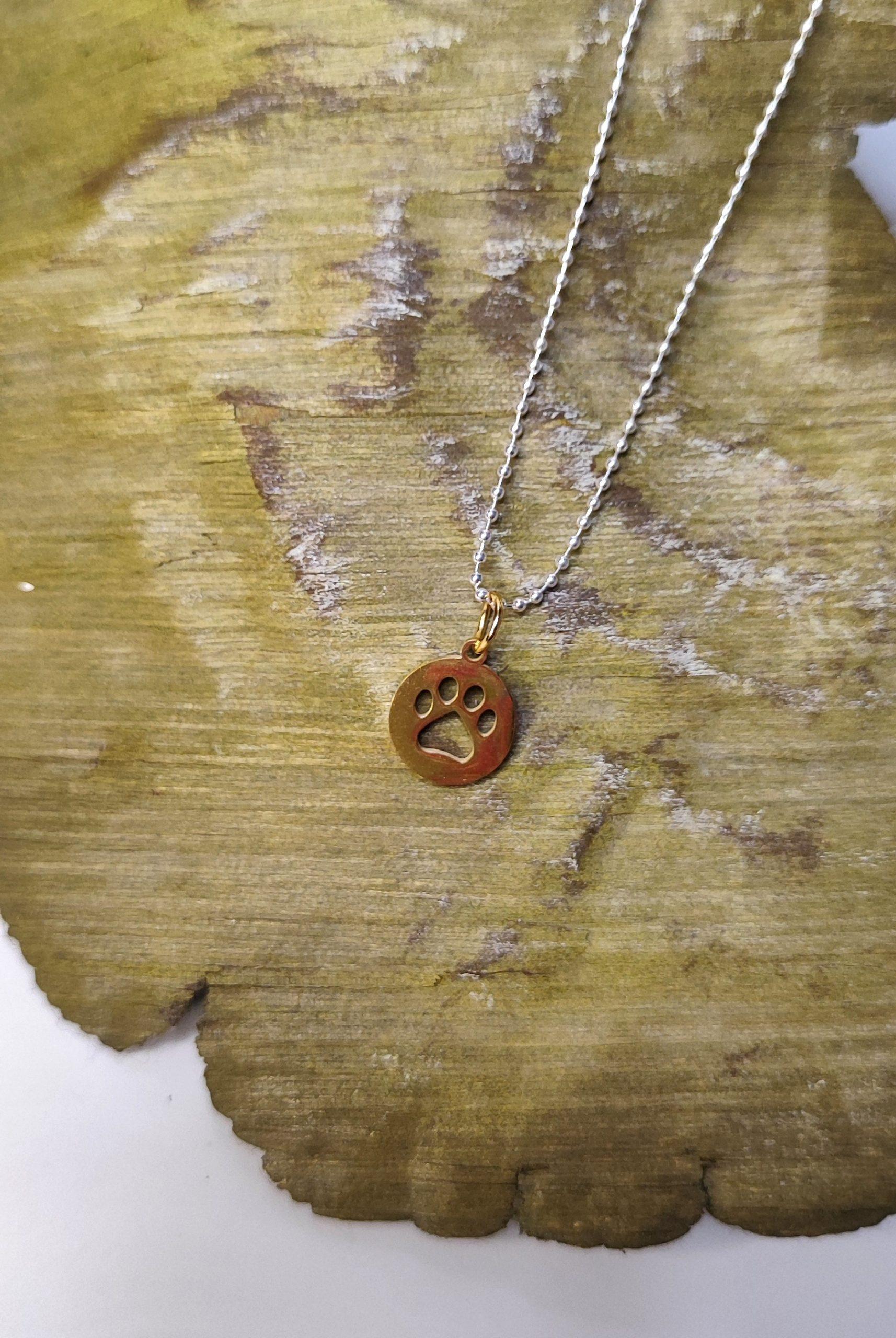 gargantilla plata bolitas con placa en acero dorado en forma de pata de perro