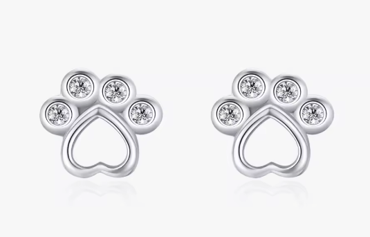 pendientes huella perro en plata y circonitas cristal transparente