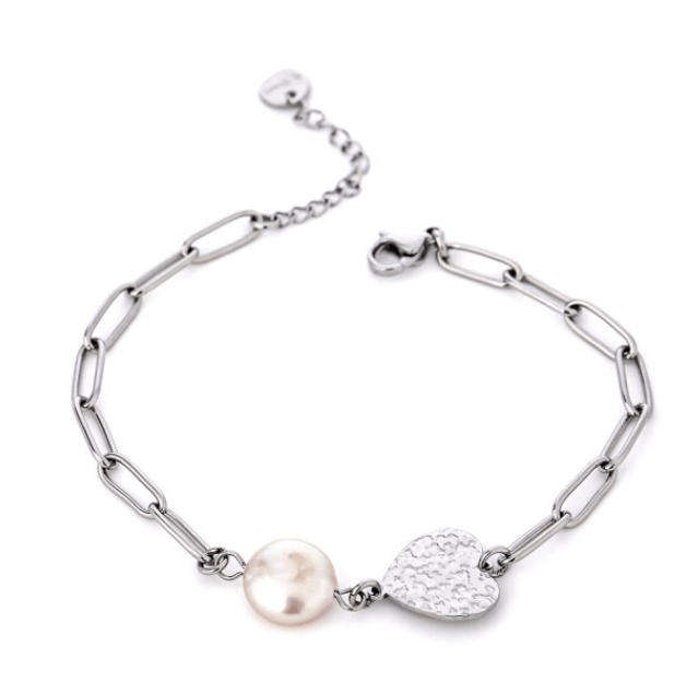 pulsea acero con cadena en eslabón y adorno perla en forma de corazón