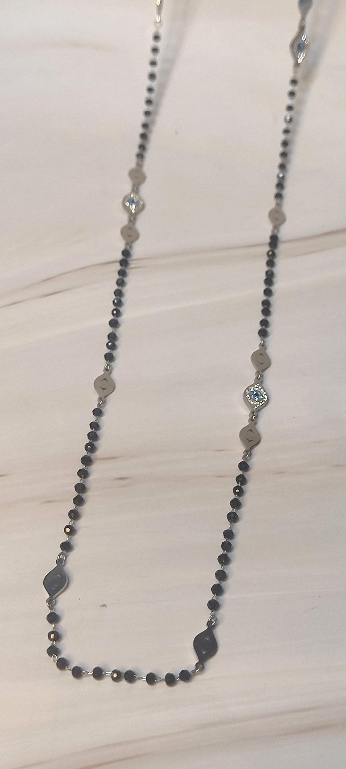 collar largo acero plateado con ojo turco en circonitas cristal