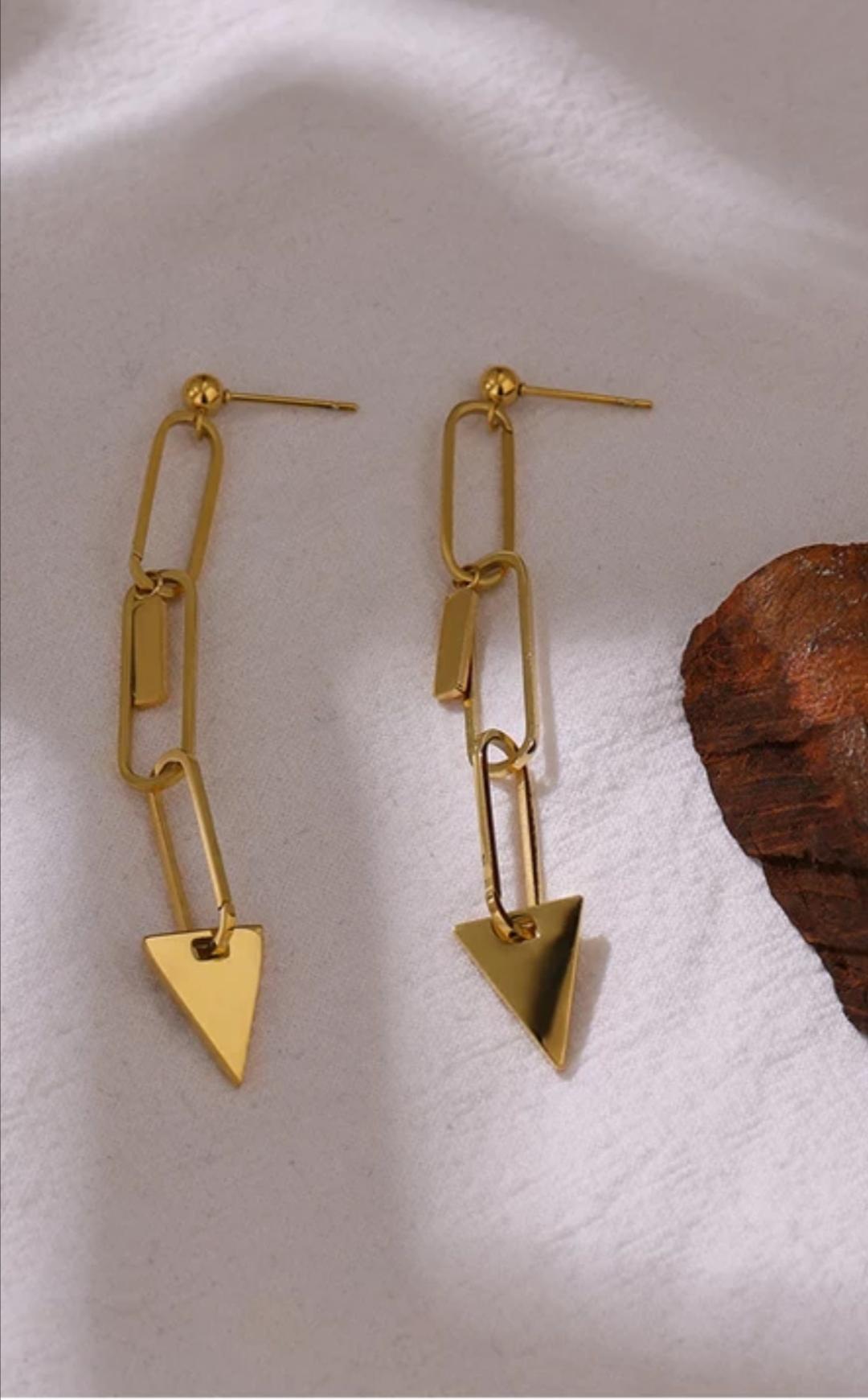 pendientes largos en acero dorado con formas geométricas