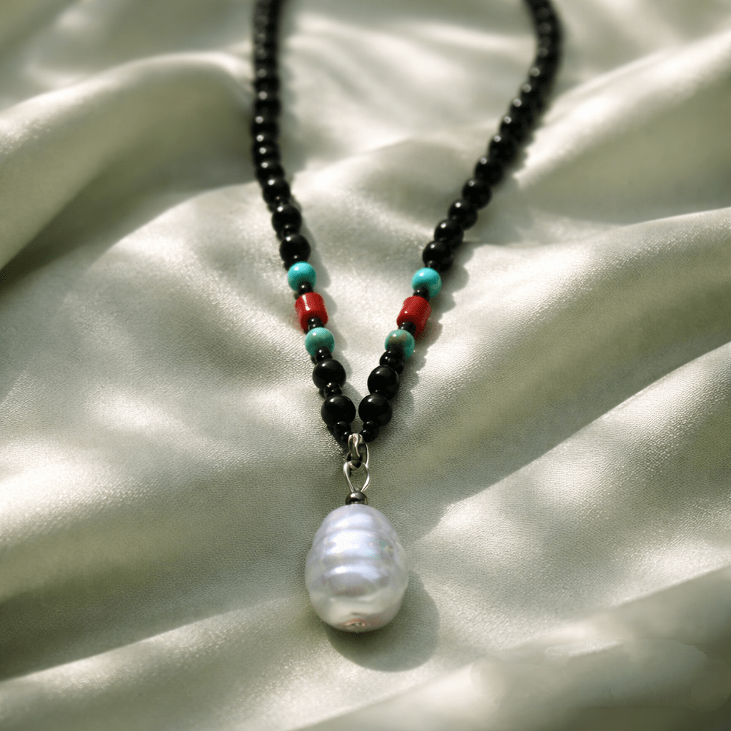 collar largo mineral ónix, turquesa, cornalina y perla en cristal lila collar largo mineral ónix, turquesa, cornalina y perla en cristal lila