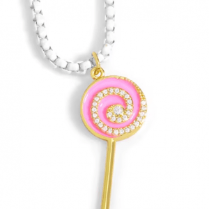 colgante acero blanco con piruleta en acero dorado, color rosa y circonitas blancas
