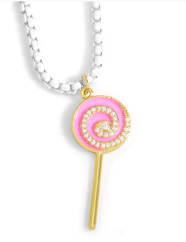 colgante acero blanco con piruleta en acero dorado, color rosa y circonitas blancas