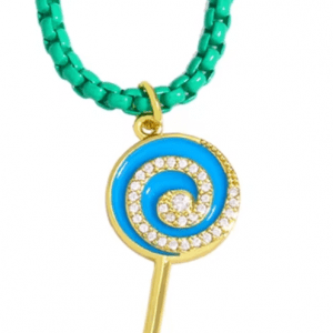 colgante cadena acero verde con piruleta esmaltada color azul y circonitas