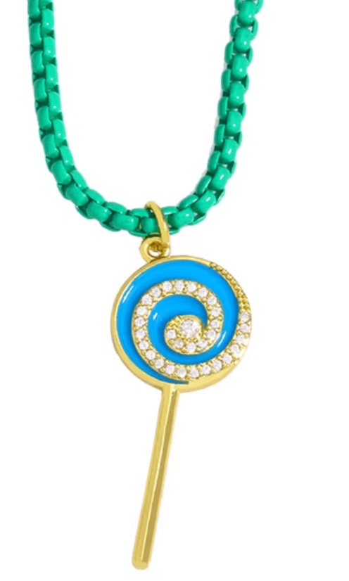 colgante cadena acero verde con piruleta esmaltada color azul y circonitas
