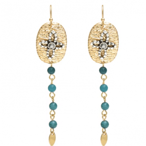 pendientes largos acero dorado con bolas verdes